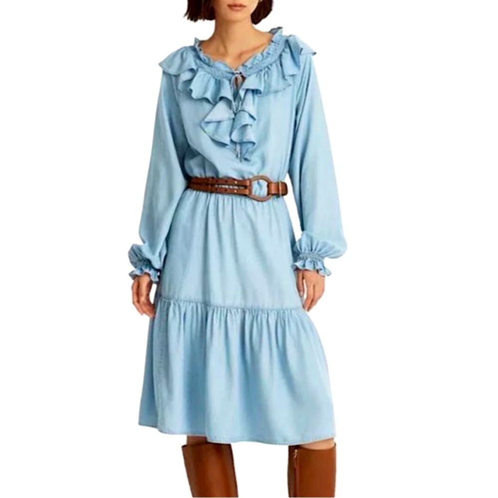 Lauren Ralph Lauren Chambray Tencel Baelynn Ruffle Dress 0 Miramar Wash Boho